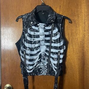 Skeleton Print Black Leather Vest (sz L)